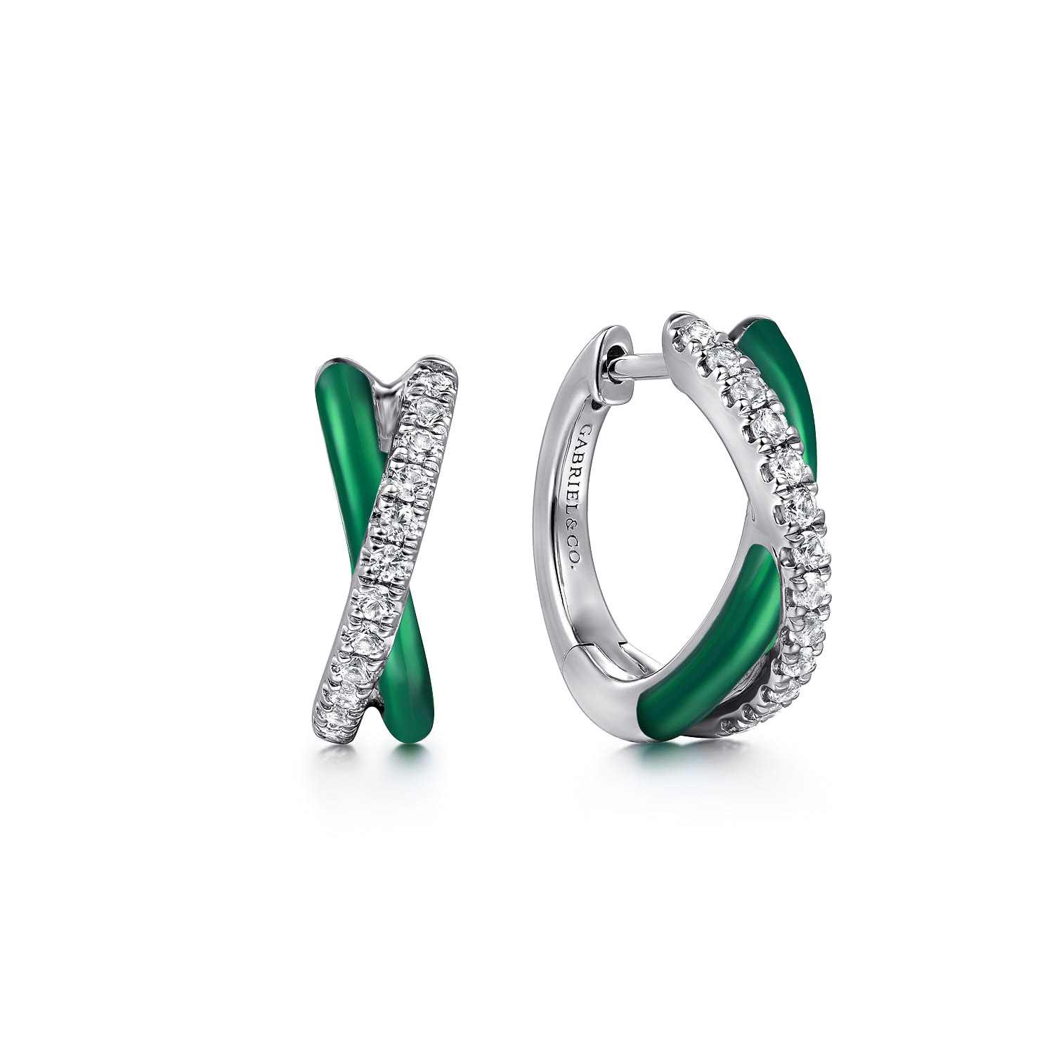 Enamel - 925 Sterling Silver White Sapphire Criss Cross Huggies with Chrome Green Enamel - Shot 1