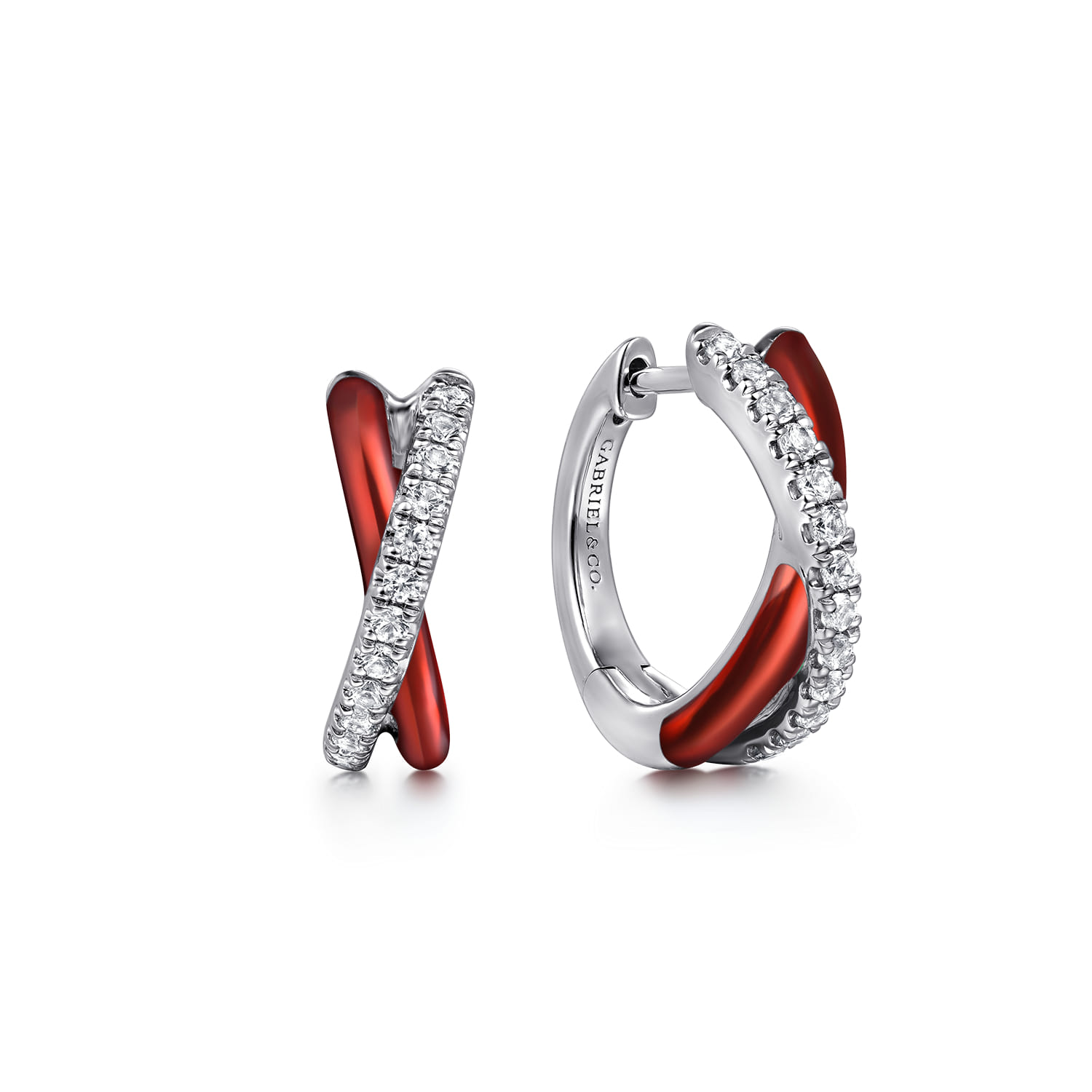 Enamel - 925 Sterling Silver White Sapphire Criss Cross Huggies with Chrome Red Enamel - Shot 1