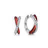 Enamel - 925 Sterling Silver White Sapphire Criss Cross Huggies with Chrome Red Enamel