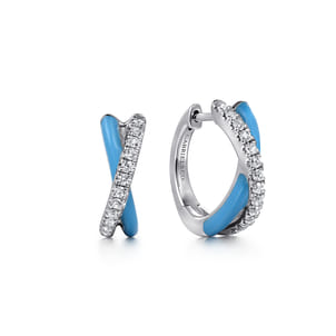 Enamel - 925 Sterling Silver White Sapphire Criss Cross Huggies with Dusk Blue Enamel