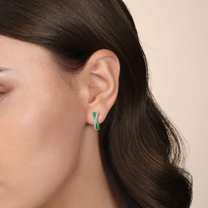 Enamel - 925 Sterling Silver White Sapphire Criss Cross Huggies with Emerald Green Enamel