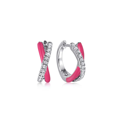 Enamel - 925 Sterling Silver White Sapphire Criss Cross Huggies with Fuchsia Enamel