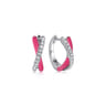 Enamel - 925 Sterling Silver White Sapphire Criss Cross Huggies with Fuchsia Enamel