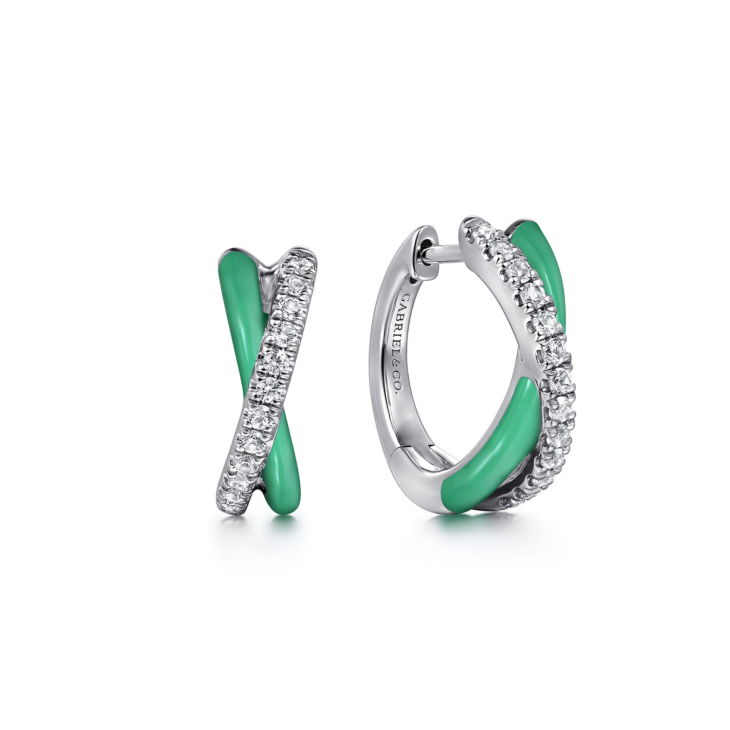 Enamel - 925 Sterling Silver White Sapphire Criss Cross Huggies with Mint Green Enamel - Shot 1