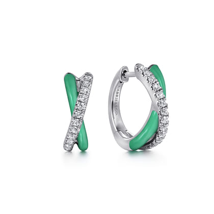 Enamel - 925 Sterling Silver White Sapphire Criss Cross Huggies with Mint Green Enamel