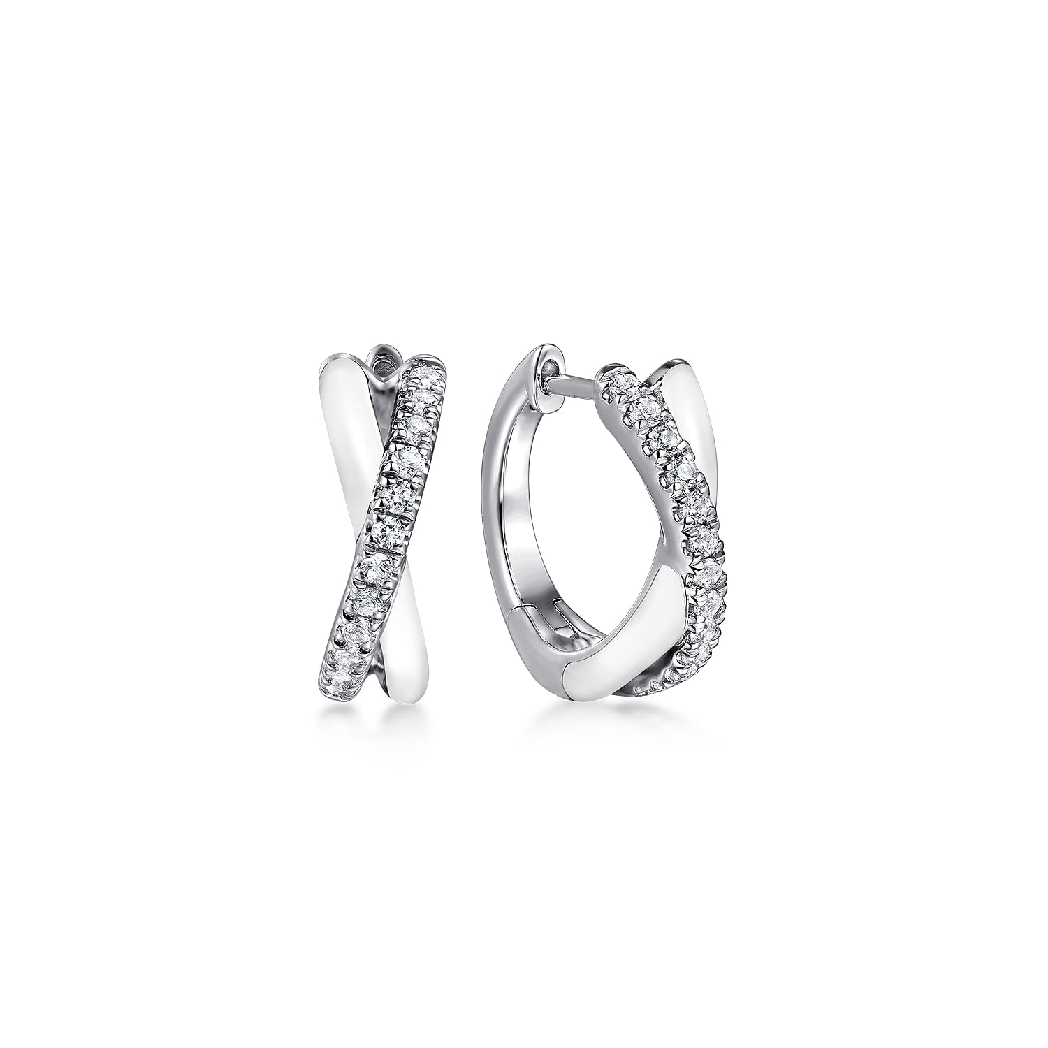 Enamel - 925 Sterling Silver White Sapphire Criss Cross Huggies with White Enamel - Shot 1