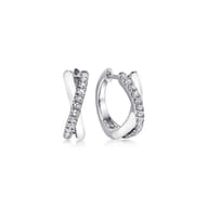 Enamel - 925 Sterling Silver White Sapphire Criss Cross Huggies with White Enamel