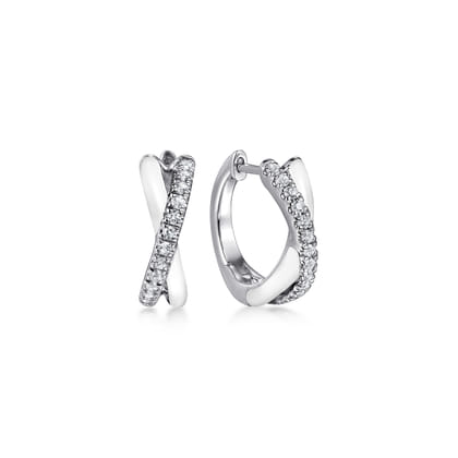 Enamel - 925 Sterling Silver White Sapphire Criss Cross Huggies with White Enamel