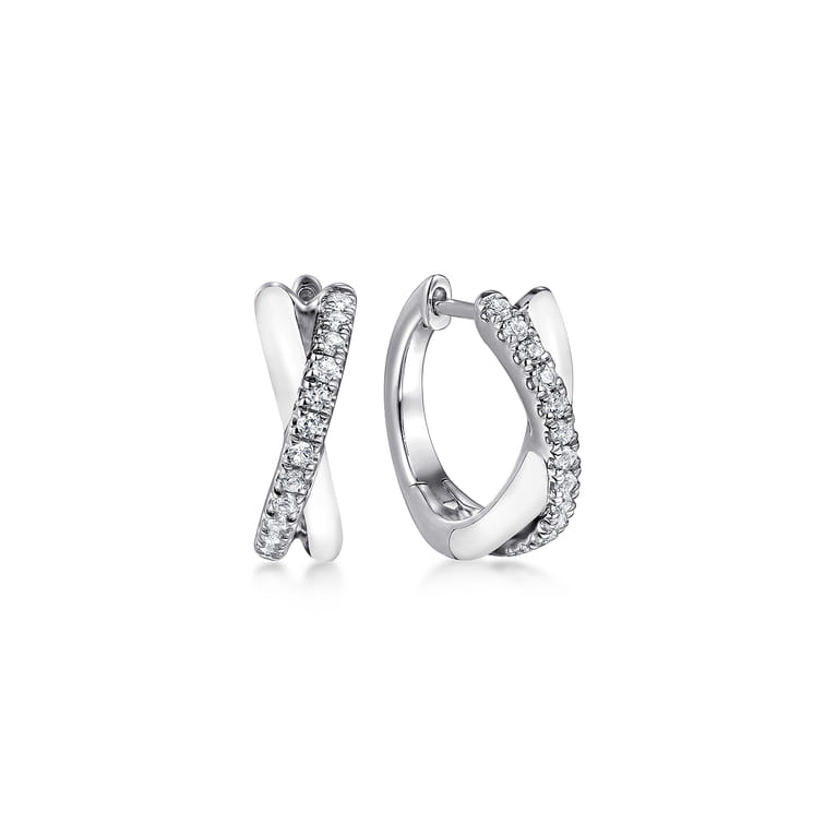 Enamel - 925 Sterling Silver White Sapphire Criss Cross Huggies with White Enamel - Shot 1