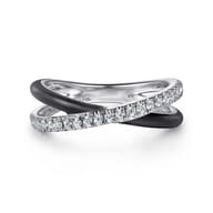 Enamel - 925 Sterling Silver White Sapphire Criss Cross Stackable with Black Enamel