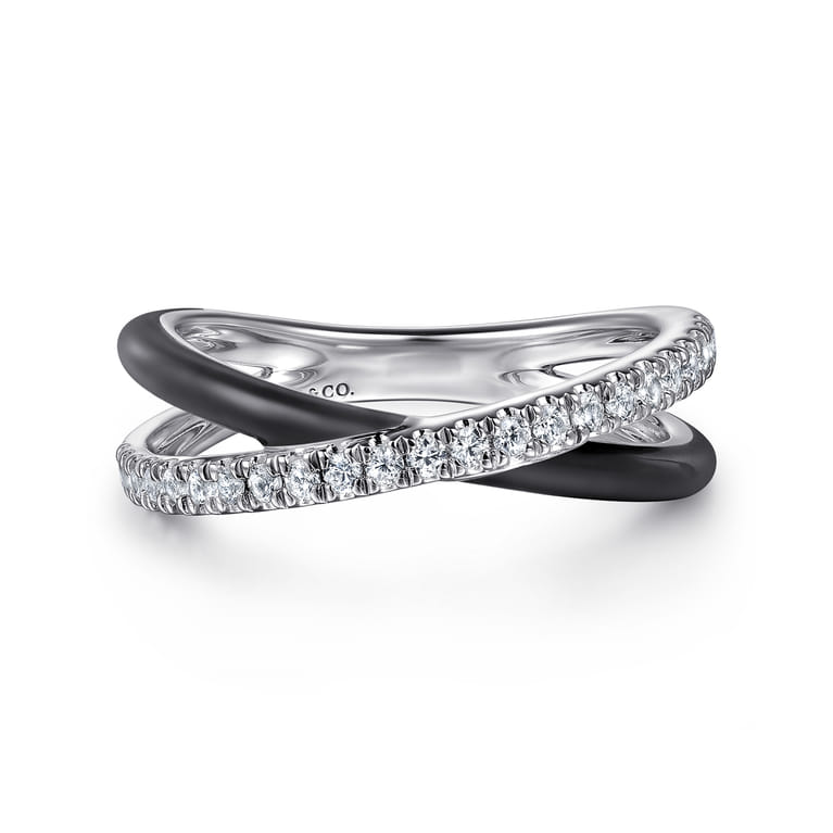 Enamel - 925 Sterling Silver White Sapphire Criss Cross Stackable with Black Enamel - Shot 1