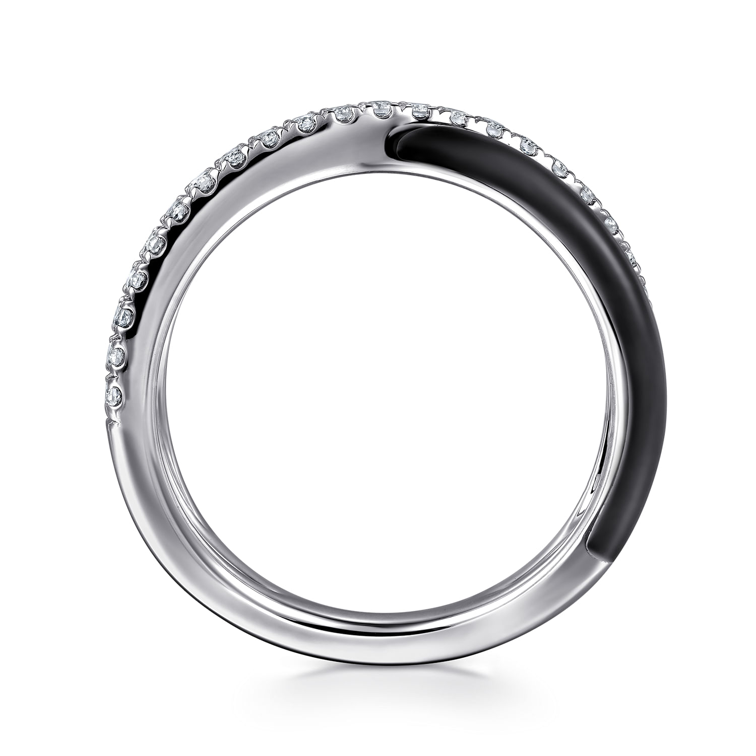 Enamel - 925 Sterling Silver White Sapphire Criss Cross Stackable with Black Enamel