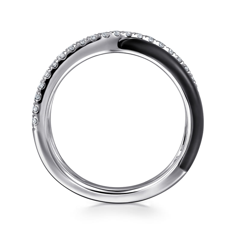 Enamel - 925 Sterling Silver White Sapphire Criss Cross Stackable with Black Enamel - Shot 2