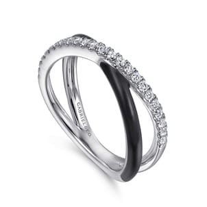 Enamel - 925 Sterling Silver White Sapphire Criss Cross Stackable with Black Enamel