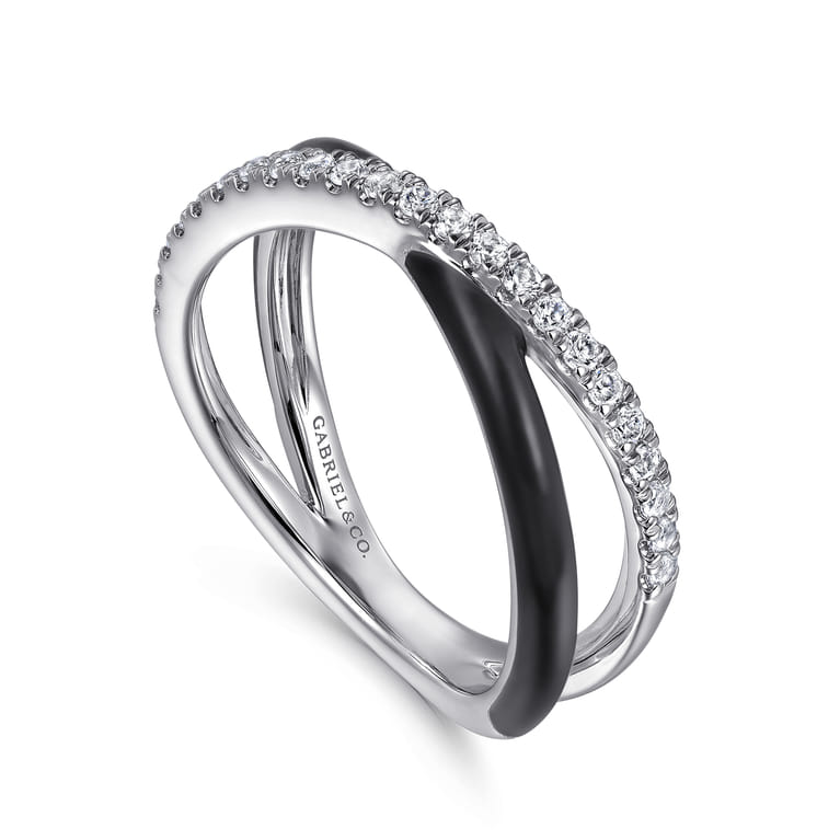 Enamel - 925 Sterling Silver White Sapphire Criss Cross Stackable with Black Enamel - Shot 3