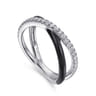 Enamel - 925 Sterling Silver White Sapphire Criss Cross Stackable with Black Enamel