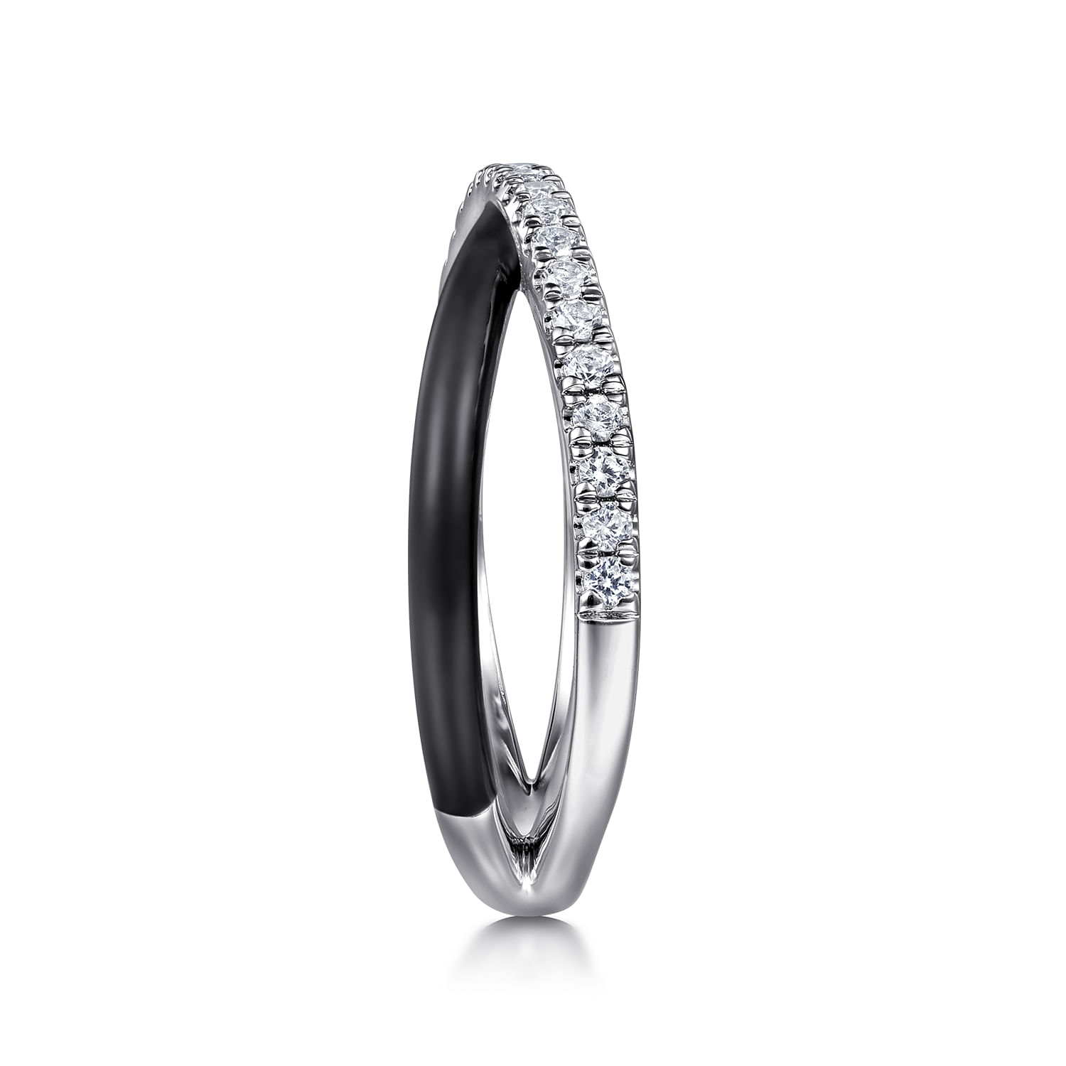 Enamel - 925 Sterling Silver White Sapphire Criss Cross Stackable with Black Enamel