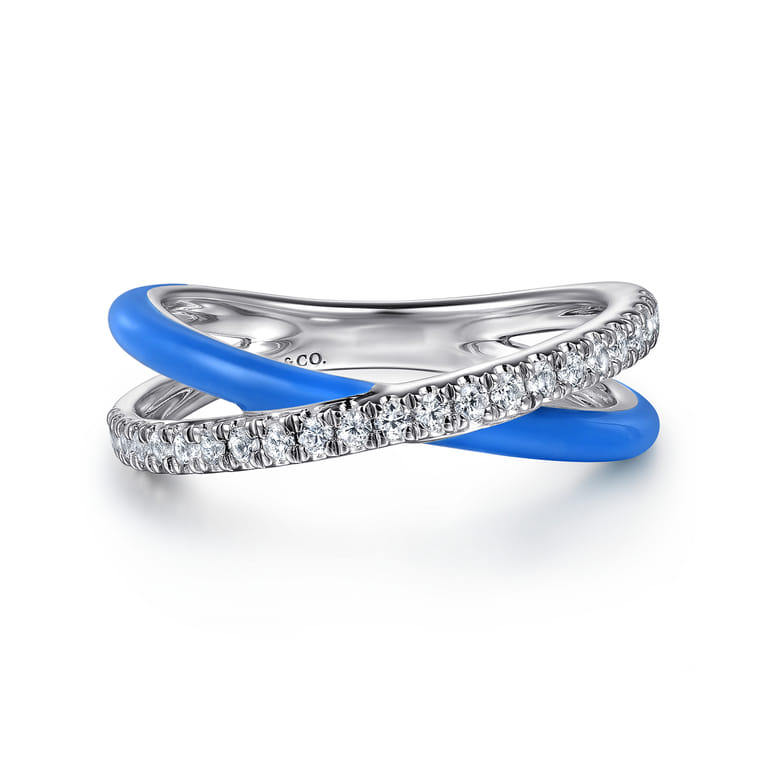 Enamel - 925 Sterling Silver White Sapphire Criss Cross Stackable with Blue Enamel - Shot 1