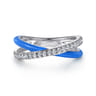 Enamel - 925 Sterling Silver White Sapphire Criss Cross Stackable with Blue Enamel