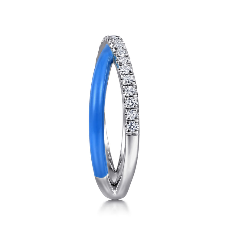 Enamel - 925 Sterling Silver White Sapphire Criss Cross Stackable with Blue Enamel - Shot 2