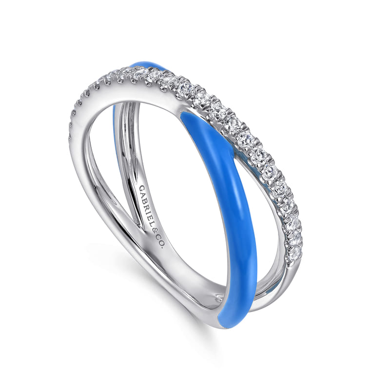 Enamel - 925 Sterling Silver White Sapphire Criss Cross Stackable with Blue Enamel - Shot 3