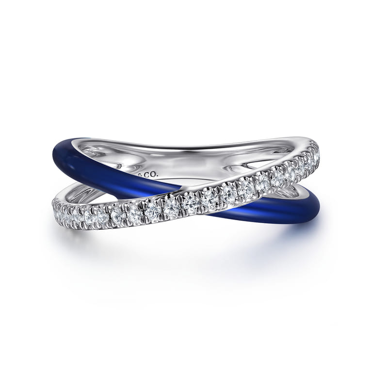 Enamel - 925 Sterling Silver White Sapphire Criss Cross Stackable with Chrome Blue Enamel - Shot 1
