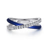 Enamel - 925 Sterling Silver White Sapphire Criss Cross Stackable with Chrome Blue Enamel