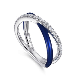 Enamel - 925 Sterling Silver White Sapphire Criss Cross Stackable with Chrome Blue Enamel