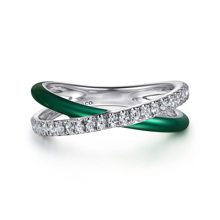 Enamel - 925 Sterling Silver White Sapphire Criss Cross Stackable with Chrome Green Enamel - Shot 1
