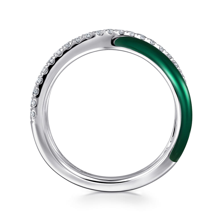Enamel - 925 Sterling Silver White Sapphire Criss Cross Stackable with Chrome Green Enamel - Shot 2