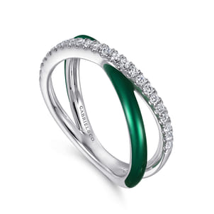 Enamel - 925 Sterling Silver White Sapphire Criss Cross Stackable with Chrome Green Enamel