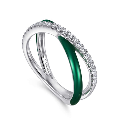 Enamel - 925 Sterling Silver White Sapphire Criss Cross Stackable with Chrome Green Enamel