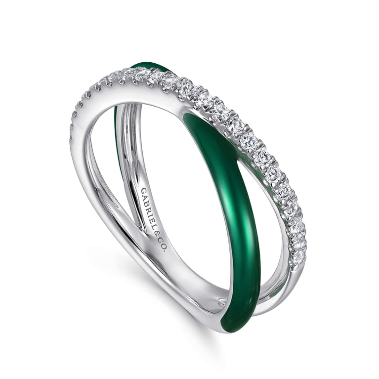 Enamel - 925 Sterling Silver White Sapphire Criss Cross Stackable with Chrome Green Enamel - Shot 3