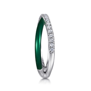 Enamel - 925 Sterling Silver White Sapphire Criss Cross Stackable with Chrome Green Enamel