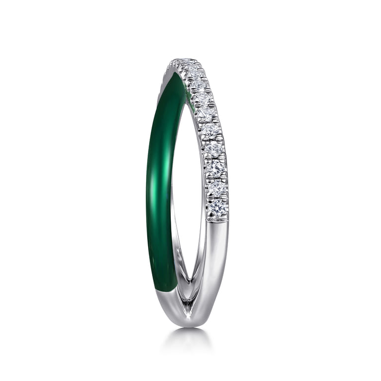 Enamel - 925 Sterling Silver White Sapphire Criss Cross Stackable with Chrome Green Enamel - Shot 4