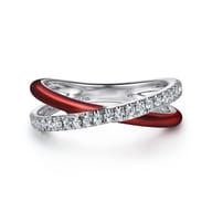 Enamel - 925 Sterling Silver White Sapphire Criss Cross Stackable with Chrome Red Enamel