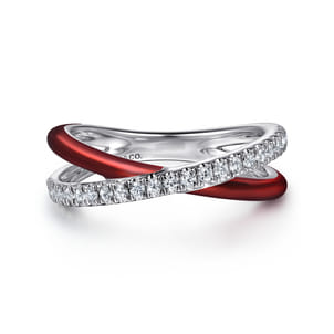 Enamel - 925 Sterling Silver White Sapphire Criss Cross Stackable with Chrome Red Enamel