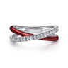 Enamel - 925 Sterling Silver White Sapphire Criss Cross Stackable with Chrome Red Enamel