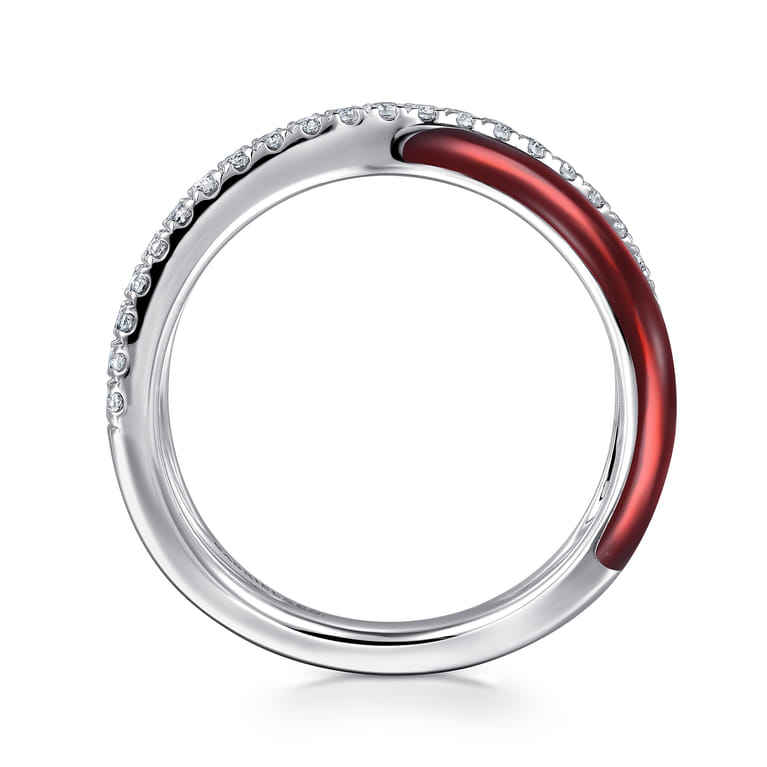Enamel - 925 Sterling Silver White Sapphire Criss Cross Stackable with Chrome Red Enamel - Shot 2