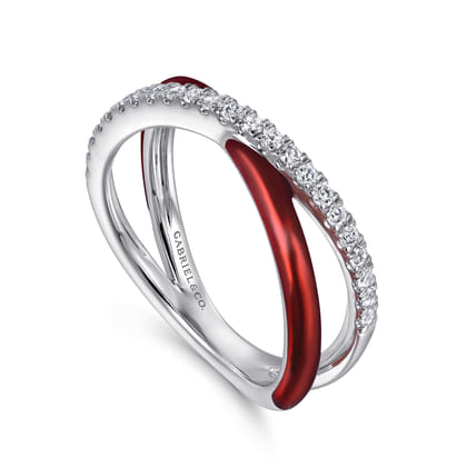 Enamel - 925 Sterling Silver White Sapphire Criss Cross Stackable with Chrome Red Enamel