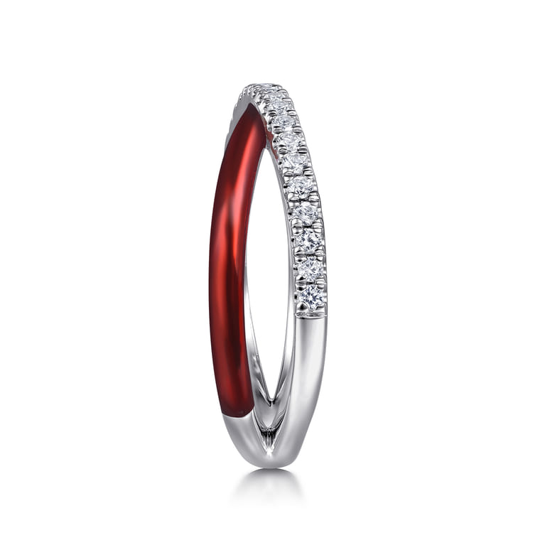 Enamel - 925 Sterling Silver White Sapphire Criss Cross Stackable with Chrome Red Enamel - Shot 4