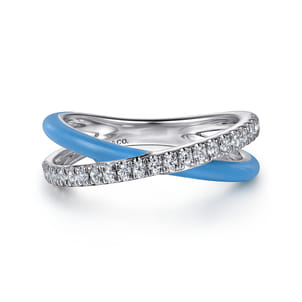 Enamel - 925 Sterling Silver White Sapphire Criss Cross Stackable with Dusk Blue Enamel