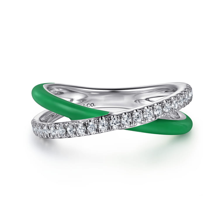 Enamel - 925 Sterling Silver White Sapphire Criss Cross Stackable with Emerald Green Enamel - Shot 1