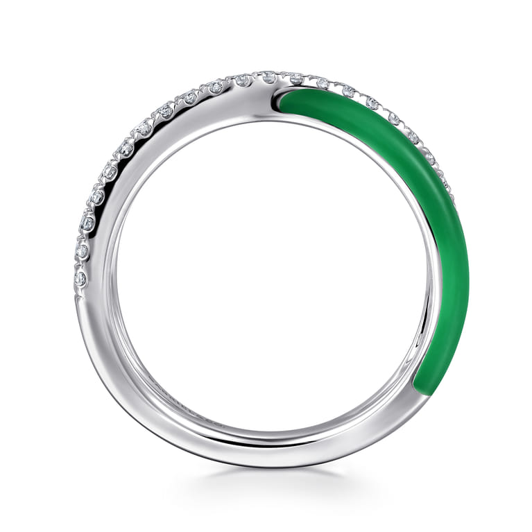 Enamel - 925 Sterling Silver White Sapphire Criss Cross Stackable with Emerald Green Enamel - Shot 2