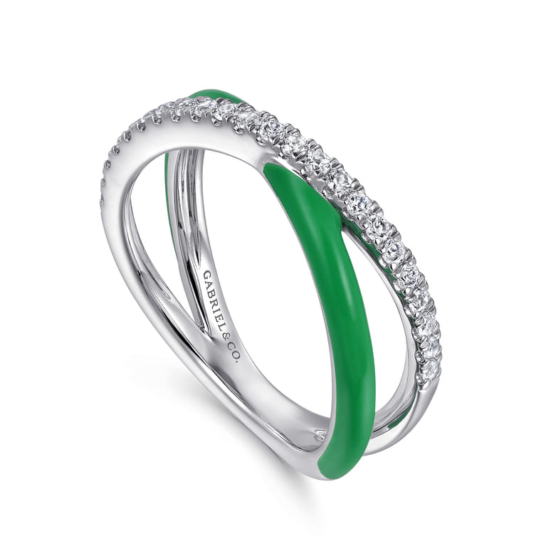Enamel - 925 Sterling Silver White Sapphire Criss Cross Stackable with Emerald Green Enamel - Shot 3