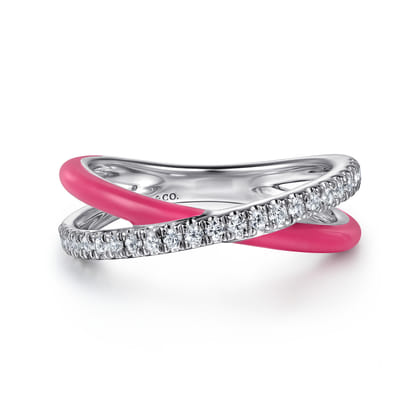 Enamel - 925 Sterling Silver White Sapphire Criss Cross Stackable with Fuschia Enamel