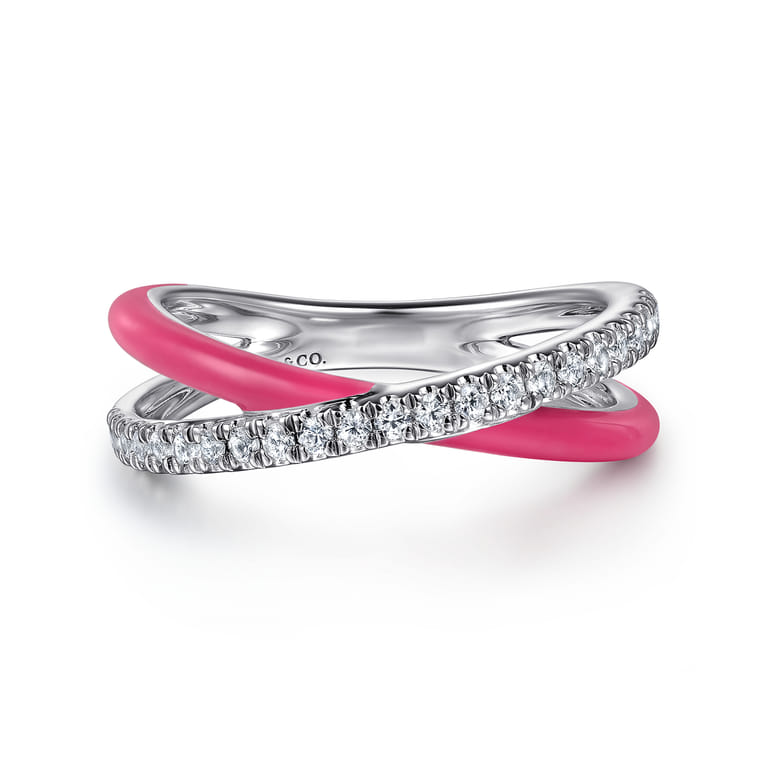 Enamel - 925 Sterling Silver White Sapphire Criss Cross Stackable with Fuschia Enamel - Shot 1