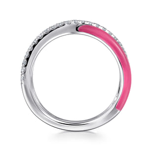 Enamel - 925 Sterling Silver White Sapphire Criss Cross Stackable with Fuschia Enamel