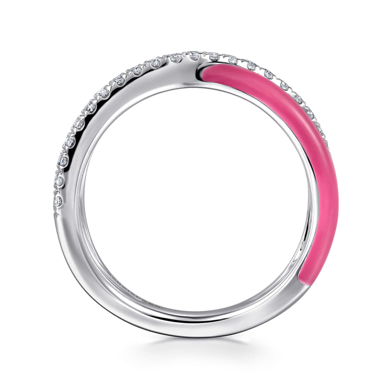 Enamel - 925 Sterling Silver White Sapphire Criss Cross Stackable with Fuschia Enamel - Shot 2