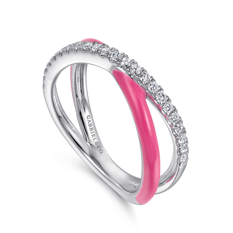 Enamel - 925 Sterling Silver White Sapphire Criss Cross Stackable with Fuschia Enamel - Shot 3